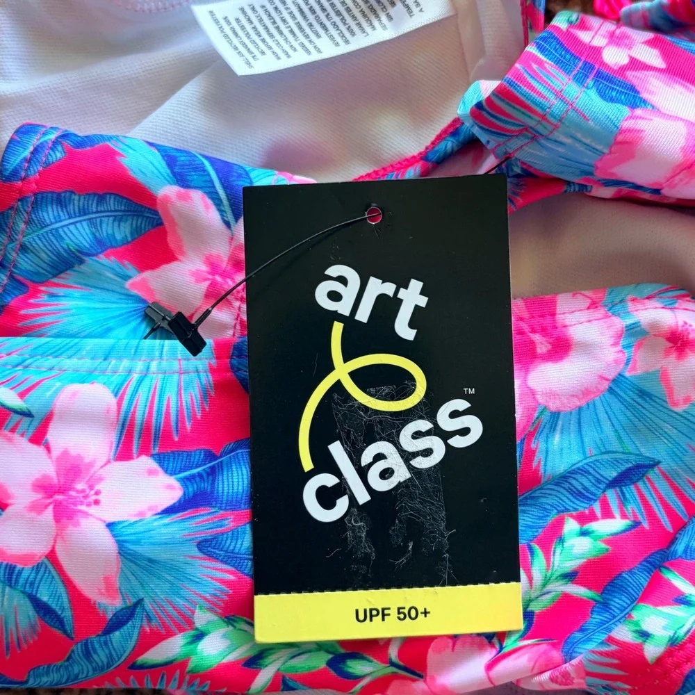Art Class Pink Tropical Hawaiian Floral Rash Guard Bikini Bathing Suit 6/7 NWT